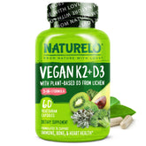NATURELO Vitamin D3 K2 bottle front shows vegan formula for bone and heart support.
