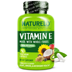 Naturelo Vitamin E bottle front shows vegan capsules for skin and nail support.