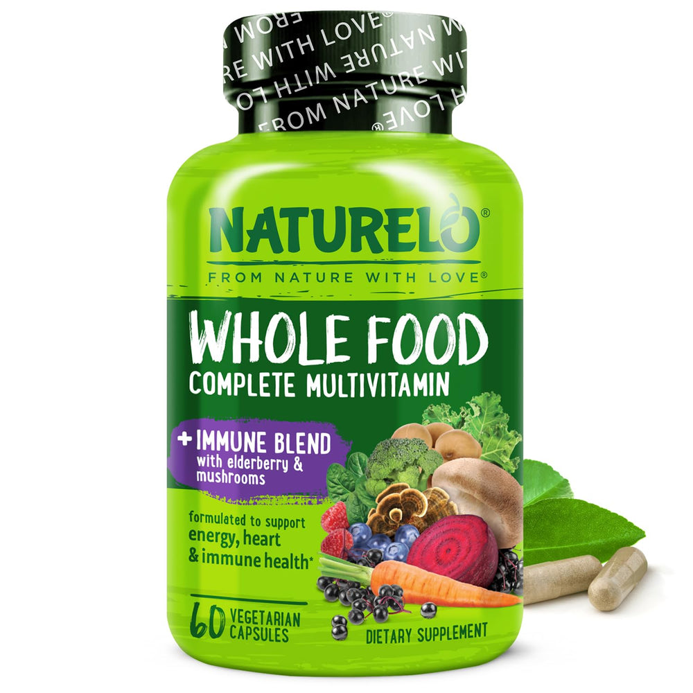 Naturelo Whole Food Multivitamin immune bottle pour supports daily wellness.