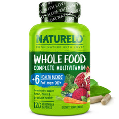 Naturelo Whole Food Multivitamin for Men 50+ bottle on display signals daily energy support.
