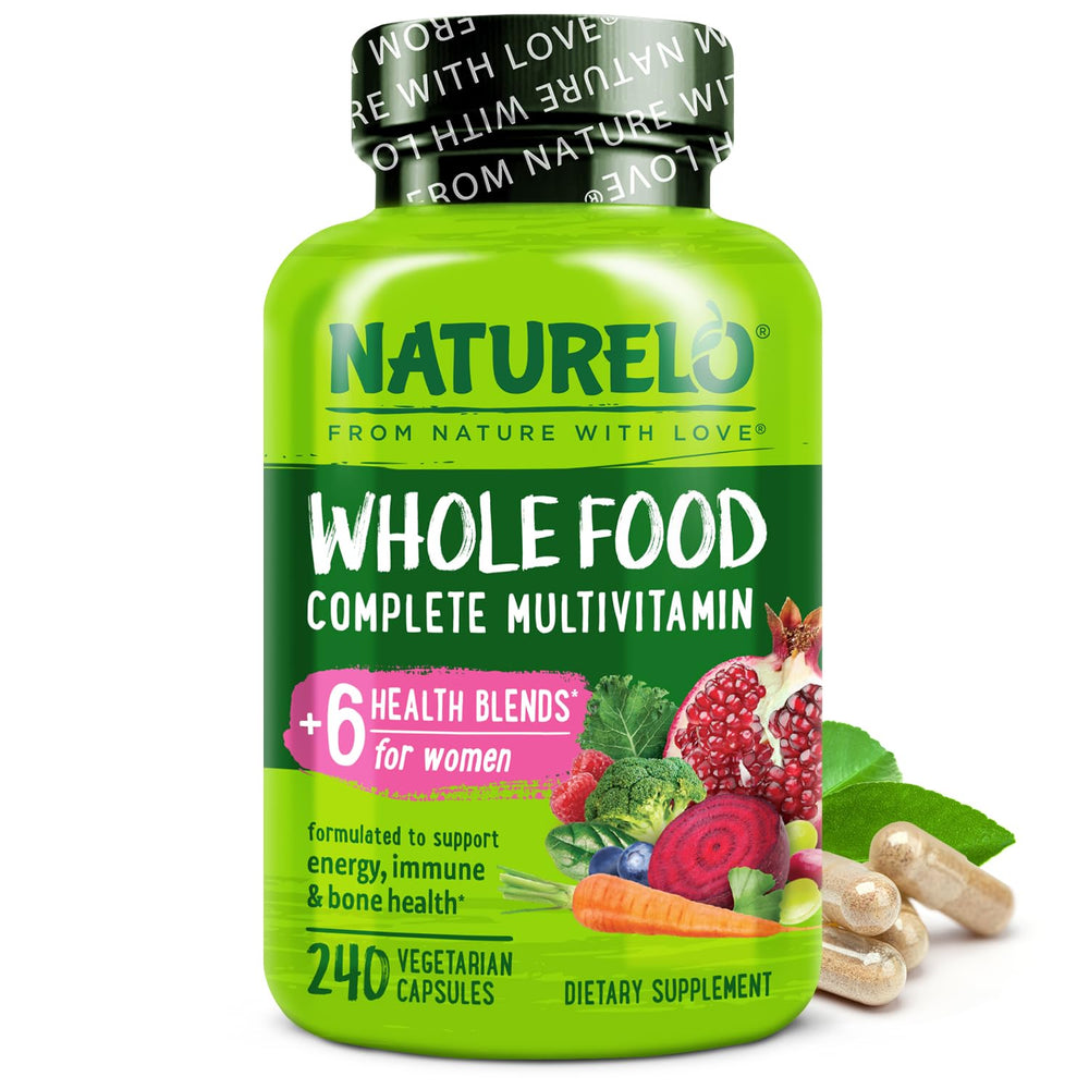 NATURELO Whole Food Multivitamin for Women bottle on desk highlighting plant-based nutrition.