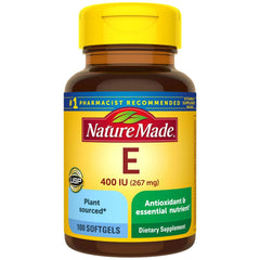 Nature Made plant-sourced Vitamin E bottle with label and daily antioxidant support.