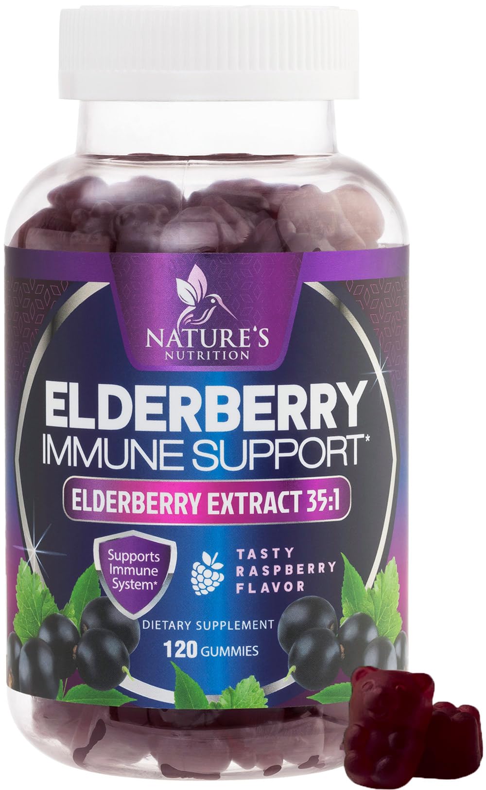 Nature's Nutrition Elderberry Gummies bottle for family daily immune support in tasty format.