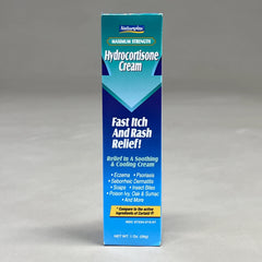 Natureplex Hydrocortisone Cream label close-up highlights strength and usage.