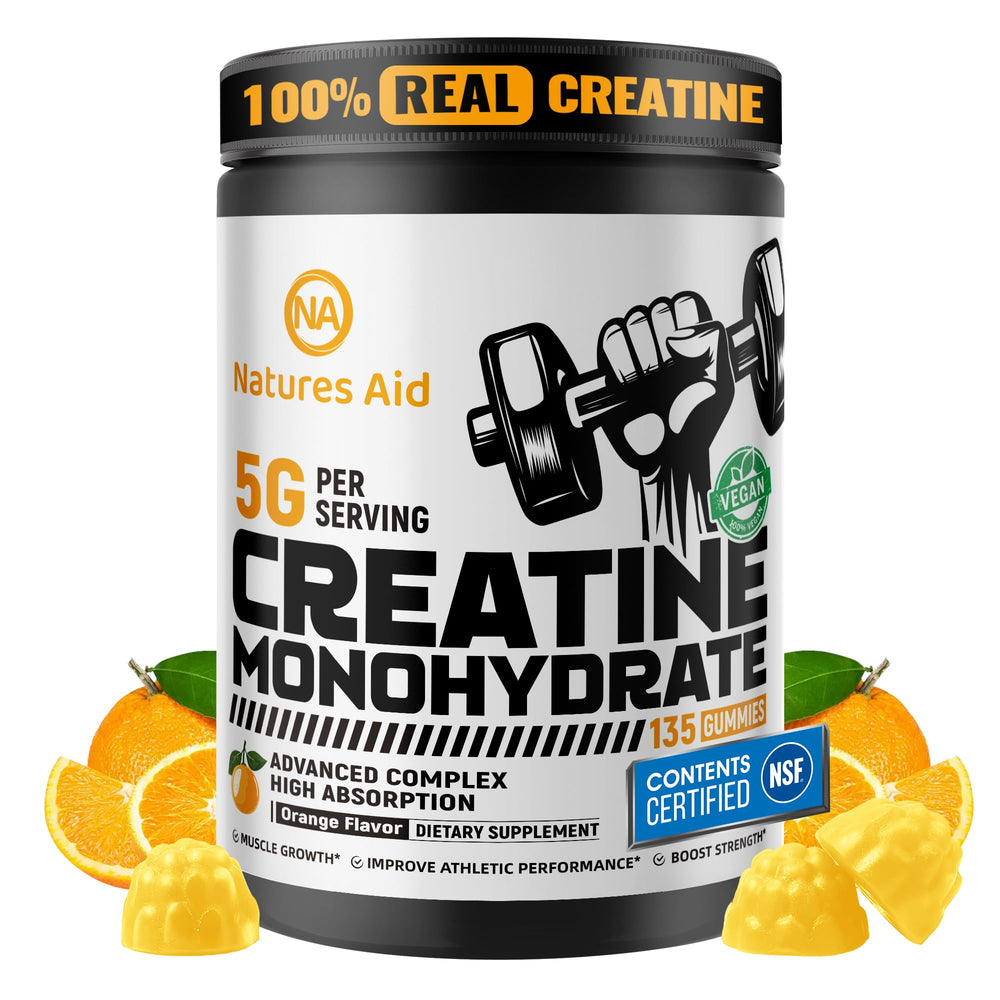 Natures Aid Creatine Monohydrate Gummies showing three-per-serving for workout support.