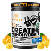 Natures Aid Creatine Monohydrate Gummies showing three-per-serving for workout support.