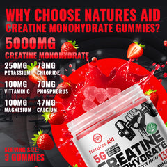 Natures Aid Creatine Monohydrate Gummies bottle-label closeup highlights purity and quality.