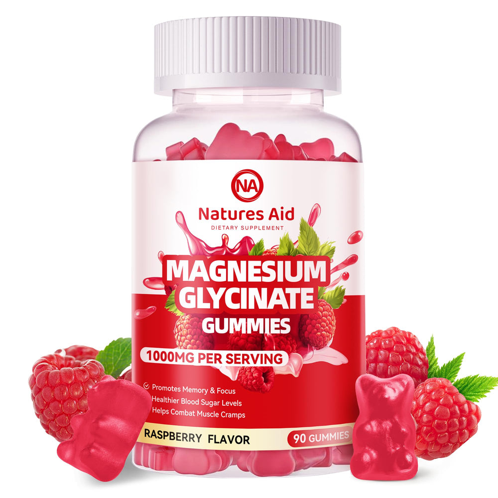 Nature's Aid magnesium glycinate gummies raspberry bottle front shows sugar-free calm mood appeal