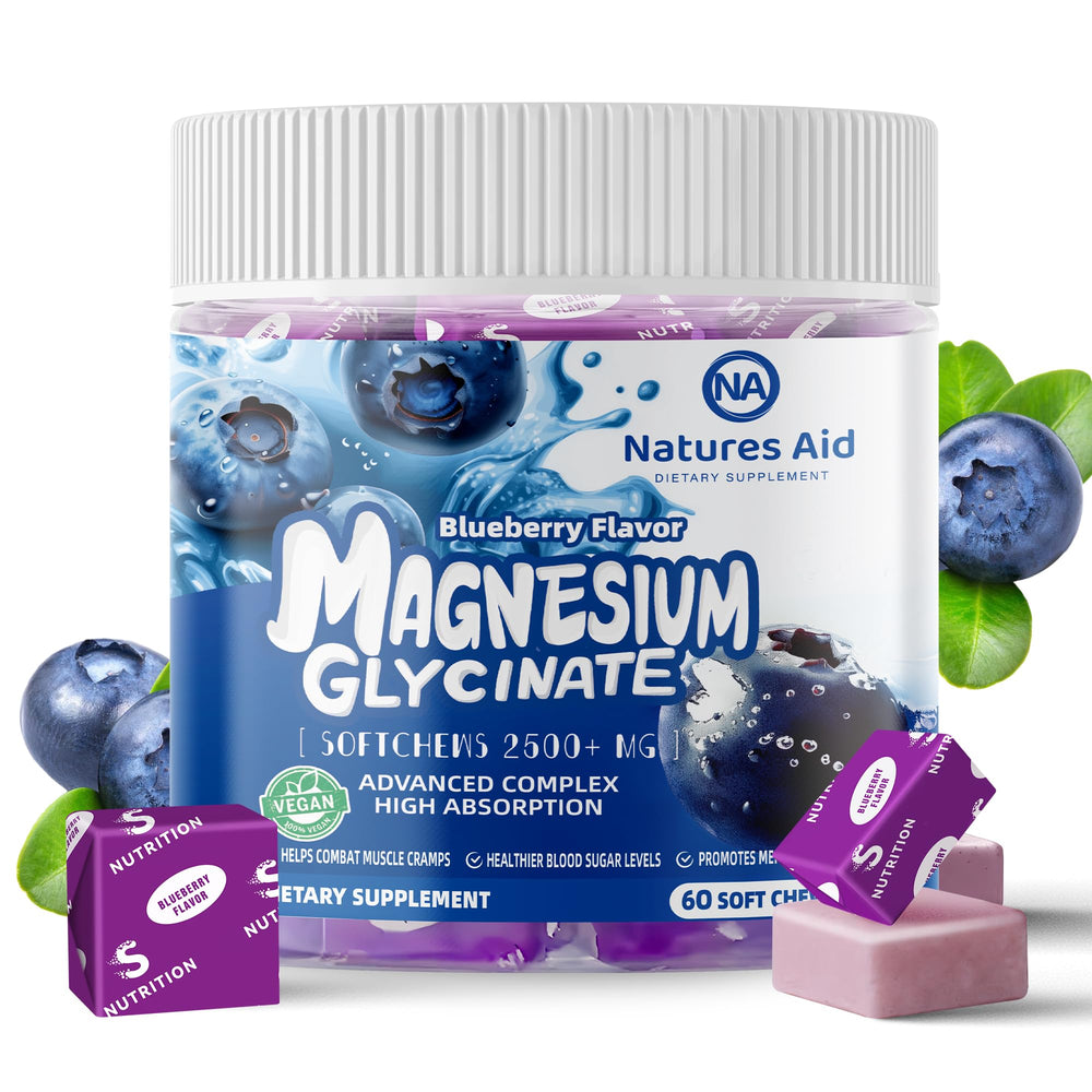 Natures Aid Magnesium Glycinate Soft Chews blue bottle for daily calm support.