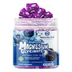 Natures Aid Blueberry-flavored Chews packaging highlights vegan sugar-free formula.