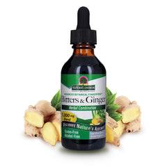Nature's Answer Ginger Bitters bottle pour shows alcohol-free digestion support on a sunny kitchen counter