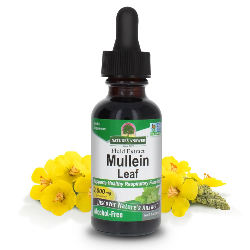 Nature's Answer Mullein Leaf Extract bottle highlighting alcohol-free lung support.