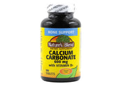 Nature's Blend calcium carbonate with D3 bottle-front showing 100 tablets.