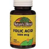 Nature's Blend Folic Acid 1000 mcg bottle front supports gluten-free prenatal nutrition.