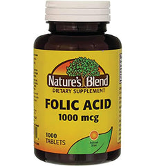 Nature's Blend Folic Acid 1000 mcg bottle front supports gluten-free prenatal nutrition.