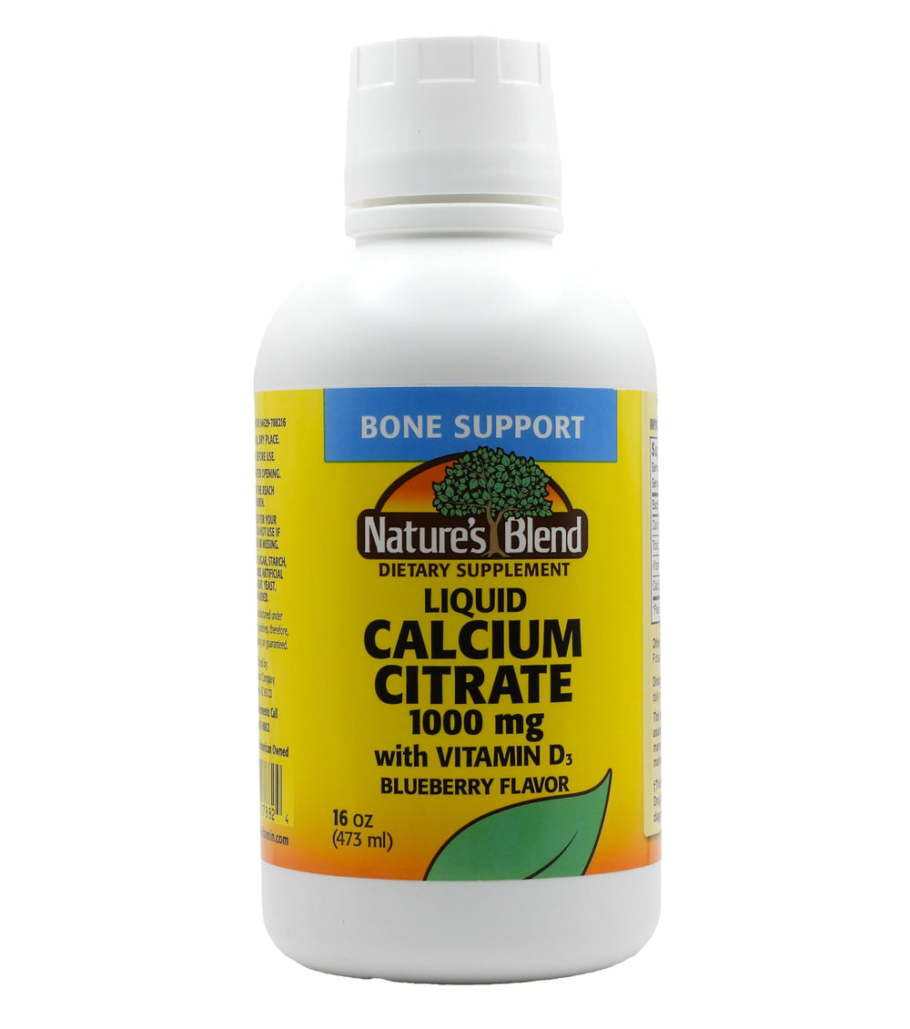 Nature's Blend Liquid Calcium Citrate 1000 mg blueberry bottle for daily calcium support