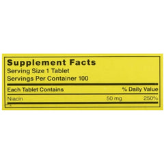 Nature's Blend Niacin 50mg tablets close-up highlighting guaranteed release for steady daily use.