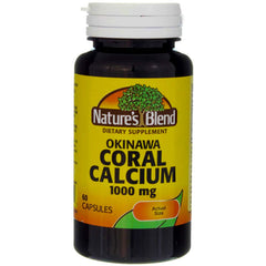 Close-up of Nature's Blend Okinawa Coral Calcium capsules showing mineral-rich formula