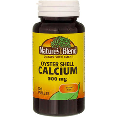 Nature's Blend oyster shell calcium tablets closeup for 500 mg strength
