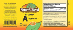 Nature's Blend Vitamin A 8000 IU label closeup showcases supplement details for retinal support