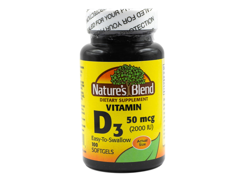Nature's Blend Vitamin D3 softgel bottle on a shelf for daily use.