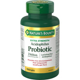 Nature's Bounty Acidophilus probiotic bottle label highlighting gut health benefits