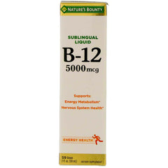 Nature's Bounty B-12 5000 mcg sublingual liquid bottle ready for daily energy support.