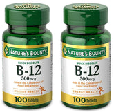 Nature's Bounty B12 500mcg tablets pack of 2, front view for daily energy support.