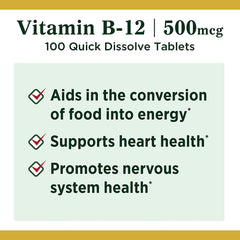 Nature's Bounty B12 bottle label with nutrition panel highlighting energy metabolism.