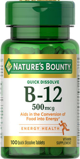 Nature's Bounty B12 quick-dissolve bottle highlighting fast energy support.