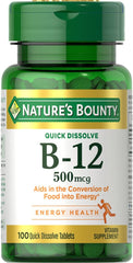 Nature's Bounty B12 quick-dissolve bottle highlighting fast energy support.
