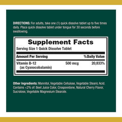 Nature's Bounty B12 quick-dissolve under tongue showing tablet dissolving for fast absorption.