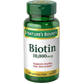 Nature's Bounty Biotin 10000 mcg bottle front view supports daily hair, skin, and nails health.