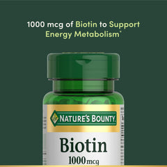 Nature's Bounty Biotin 1000 mcg bottle label highlighting dosage and branding