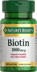 Nature's Bounty Biotin 1000 mcg tablets front view showing a simple daily supplement for energy support