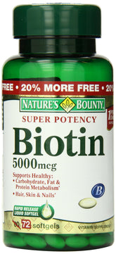 Nature's Bounty Biotin 5000 mcg bottle shown for daily metabolism and beauty support