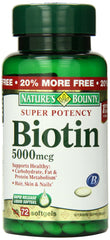 Nature's Bounty Biotin 5000 mcg bottle shown for daily metabolism and beauty support
