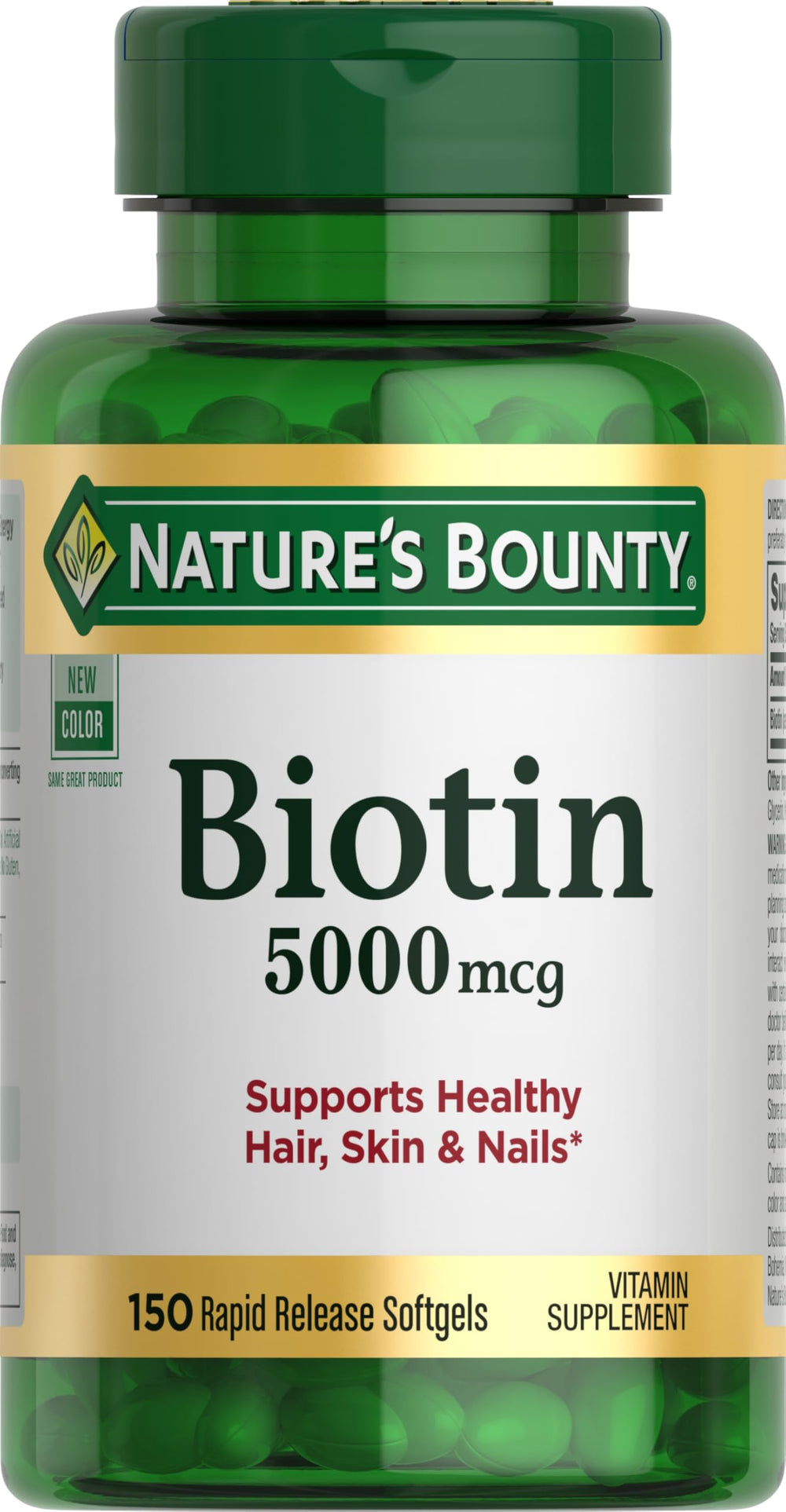 Nature's Bounty Biotin 5000mcg bottle with softgels for healthy hair and nails