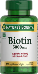 Nature's Bounty Biotin 5000mcg bottle with softgels for healthy hair and nails