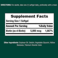 Nature's Bounty Biotin 5000 mcg softgel packaging for convenient daily use