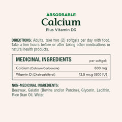 Nature's Bounty calcium D3 softgels on white background showing gluten-free dairy-free formula