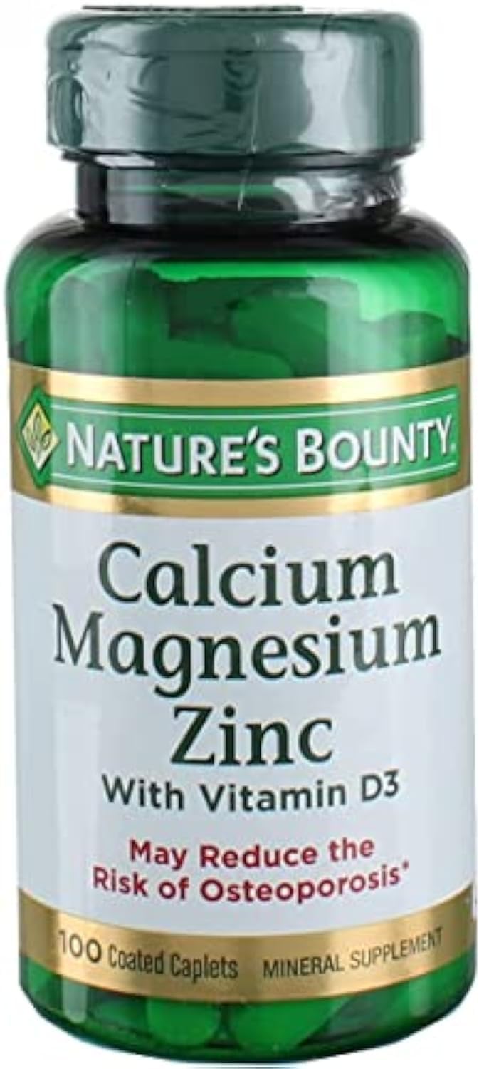 Nature's Bounty calcium magnesium zinc caplets bottle front for daily bone health support