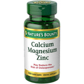Nature's Bounty Calcium Magnesium Zinc caplets bottle showing bone-supporting minerals for daily wellness