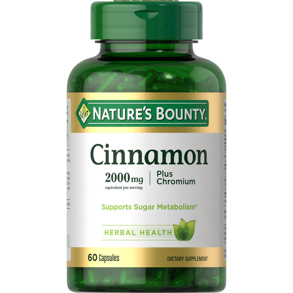 Nature's Bounty Cinnamon 2000mg Plus Chromium bottle showcasing the high potency formula for sugar metabolism support