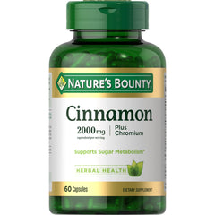 Nature's Bounty Cinnamon 2000mg Plus Chromium bottle showcasing the high potency formula for sugar metabolism support
