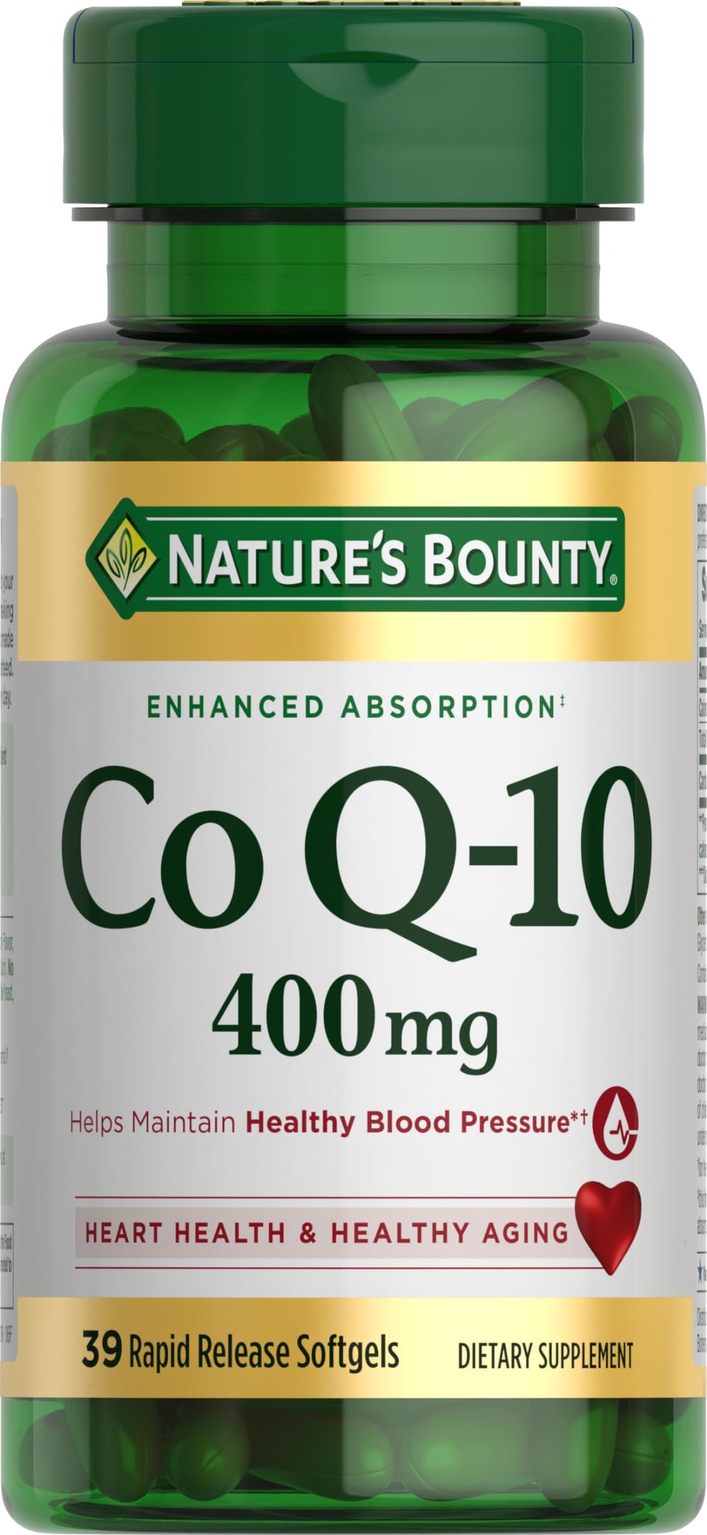 Nature's Bounty CoQ10 cardio softgel bottle with 400 mg energy support.