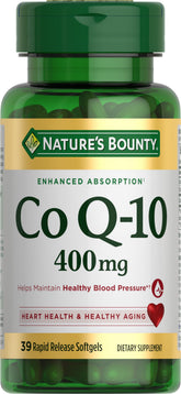 Nature's Bounty CoQ10 cardio softgel bottle with 400 mg energy support.