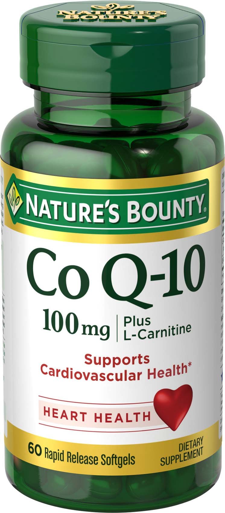 Nature's Bounty CoQ10 plus L-Carnitine bottle front showing heart health support