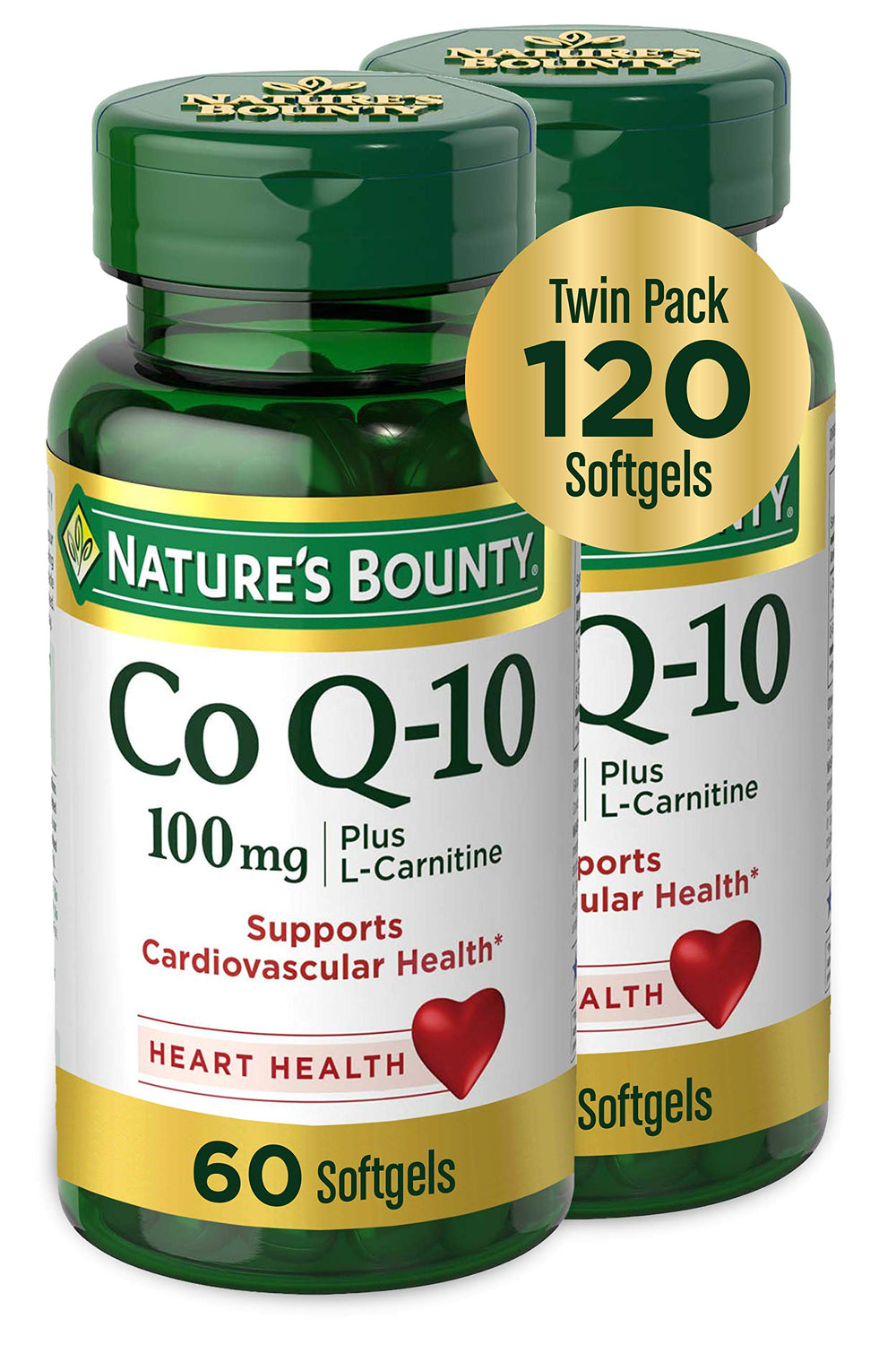 Nature's Bounty CoQ-10 Plus L-Carnitine softgels bottle front view for heart support