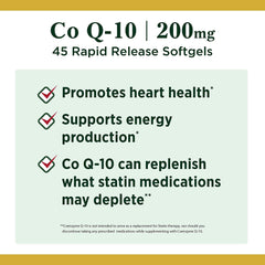 Nature's Bounty CoQ10 capsule close-up highlighting rapid-release formula and energy production.